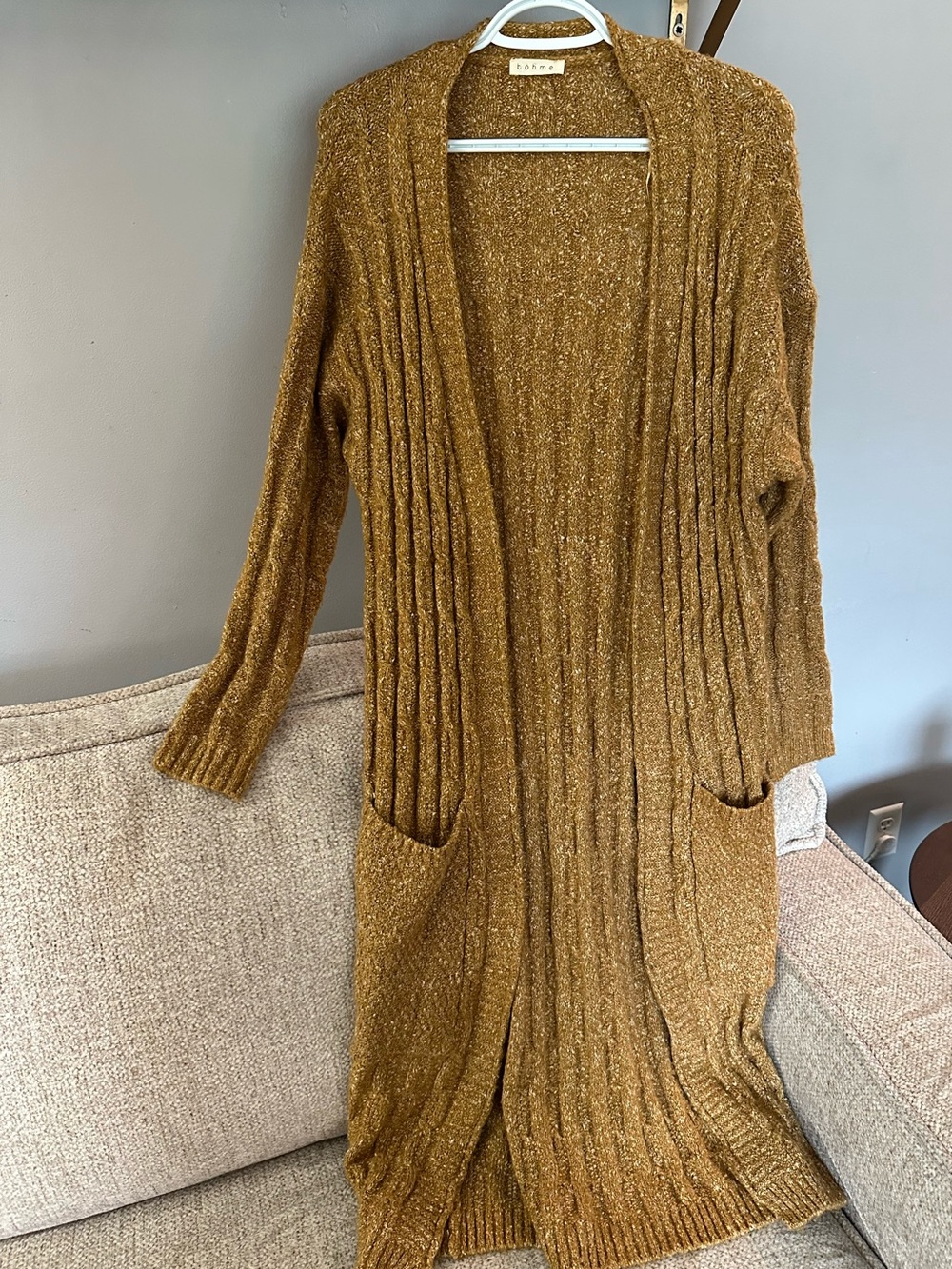 Bohme Long Open-Front Ribbed Cardigan in Mustard